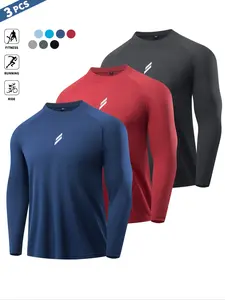 1/3/5-piece set Men's Long Sleeve Sporty T-Shirts, Reflective Chest Design, Casual Round Neck, Polyester Knit Fabric, Ideal for Gym & Daily Activities, Sports Tops