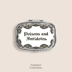 Poisons and Antidotes Vintage Label Small Pill Box Pill Organiser Ring Trinket Stash Medicine Vitamins Gum Tic Tacs Mint Metal Pill Bottle Case Dispenser Holder Travel Size gifts for girl For Boyfriend under 100 dollars