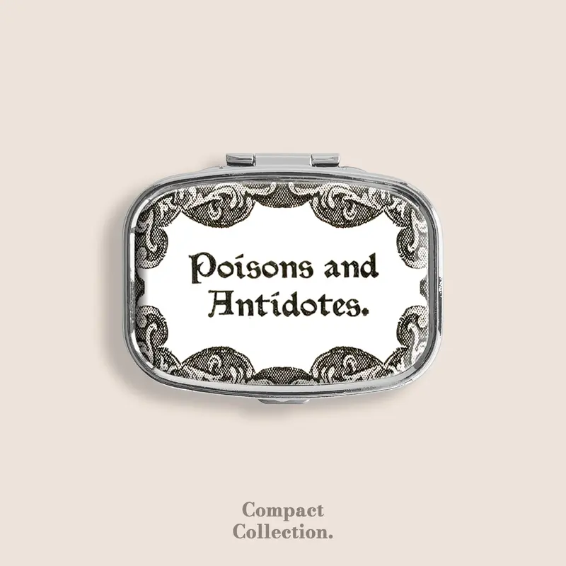 Poisons and Antidotes Vintage Label Small Pill Box Pill Organiser Ring Trinket Stash Medicine Vitamins Gum Tic Tacs Mint Metal Pill Bottle Case Dispenser Holder Travel Size gifts for girl For Boyfriend under 100 dollars