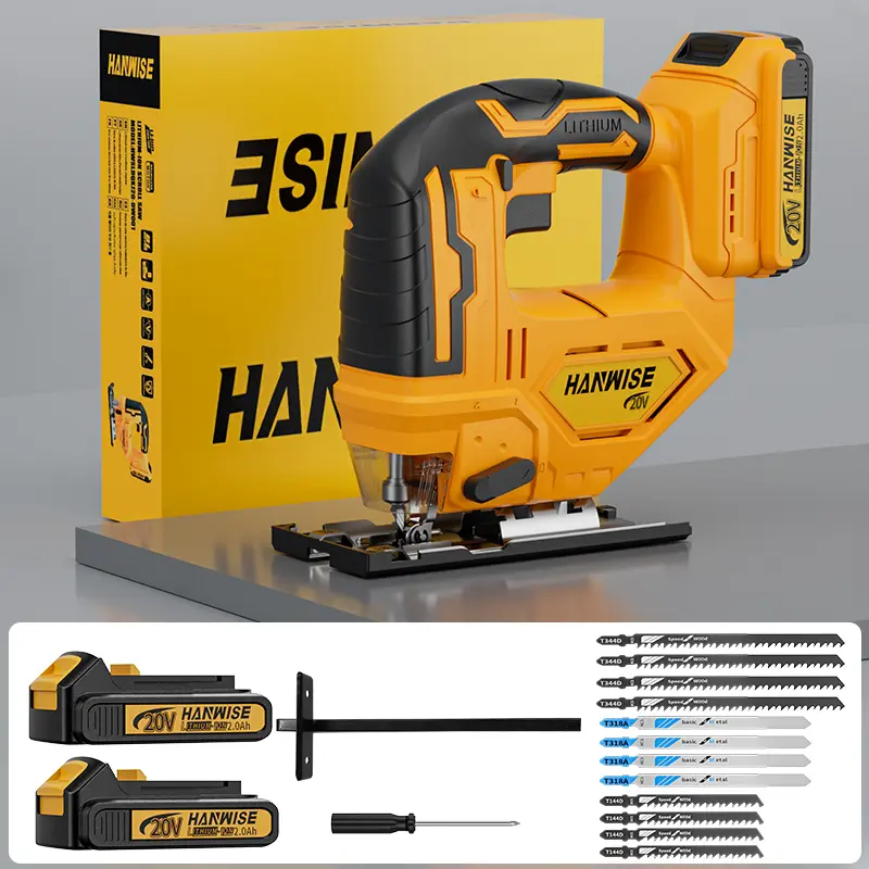 Cordless Jigsaw, 3-speed track, 45 ° oblique cut, LED work light and safety button, tool free blade replacement, suitable for wood metal cutting for curved/straight/oblique/circular cutting, ergonomically designed.