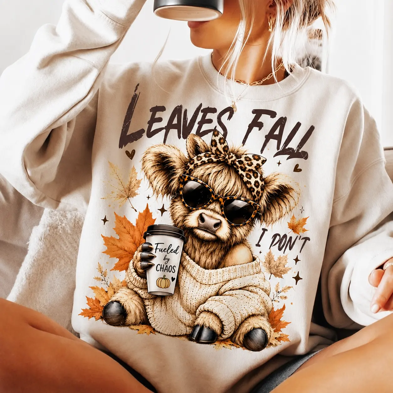 Leaves Fall I Don't Sweatshirt, Highland Cow Fall Crewneck, Retro Autumn Cow Pullover, Western Farm Animal Sweater, Cozy Fall Gift, Rustic Country Apparel