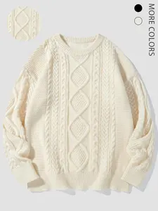 Unisex Cable Knit Sweater, Casual Textured Drop Shoulder Long Sleeve Jumper for Fall & Winter, Fashion Cozy Knitwear for Unisex