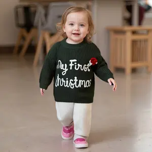 Baby Girls Knit Sweater Christmas Hat and Letter Embroidery Crew Neck Pullover Long Sleeve Tops
