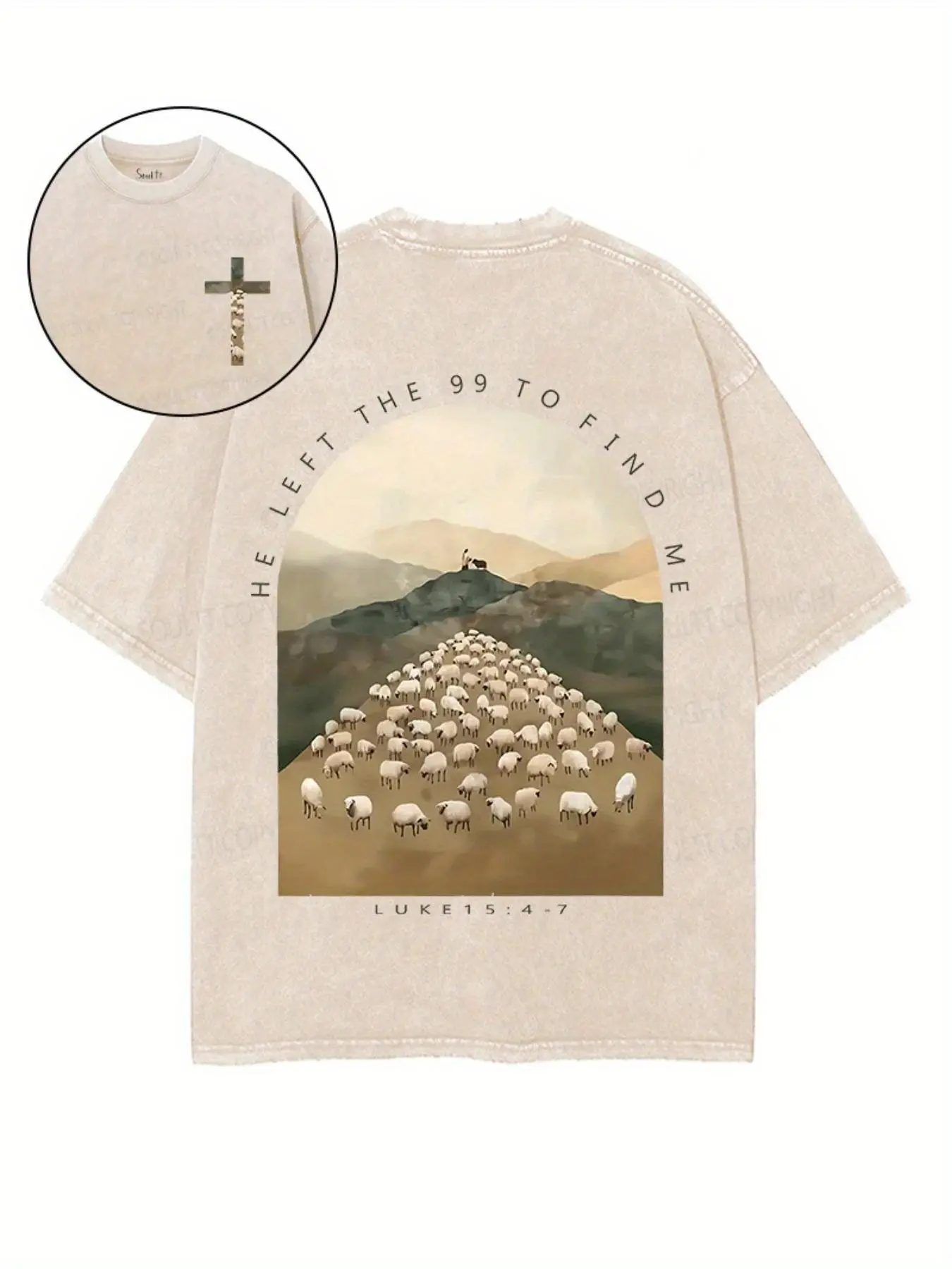 Men's Vintage Christian Graphic T-Shirt, 'He Left The 99' Sheep Print, 230G Heavyweight Cotton Distressed Shortsleeve Top, Tshirt Round Neck Tropical
