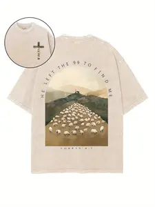 Men's Vintage Christian Graphic T-Shirt, 'He Left The 99' Sheep Print, 230G Heavyweight Cotton Distressed Shortsleeve Top, Tshirt Round Neck Tropical