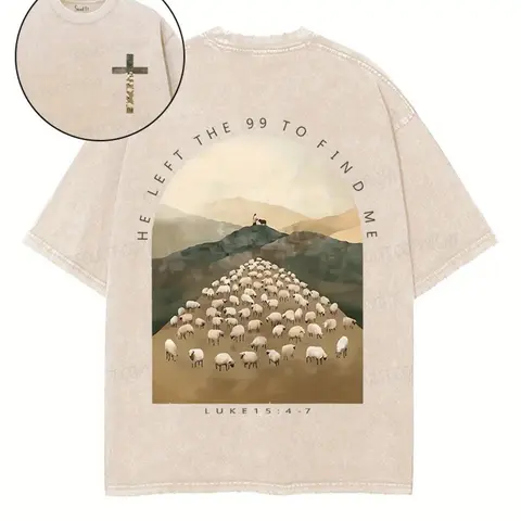 Men's Vintage Christian Crew Neck Short Sleeve 230G Heavy Cotton Tshirt - Menswear, 'He Left The 99' Sheep Graphic Print, Distressed, Fitted Cut, Multi-Size All Seasons Casual Vintage Graphic Tees
