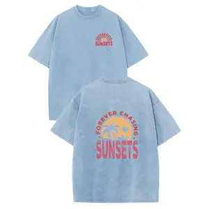 Holafish Retro Beach Vacation Sunset Graphic T-Shirt, Coconut Tree Sun Print Acid Washed Oversized Shirt, Breathable Cozy Casual Outfit, Versatile Everyday Leisure & Daily Work Commute Casual Short Sleeve Tee outdoorfun