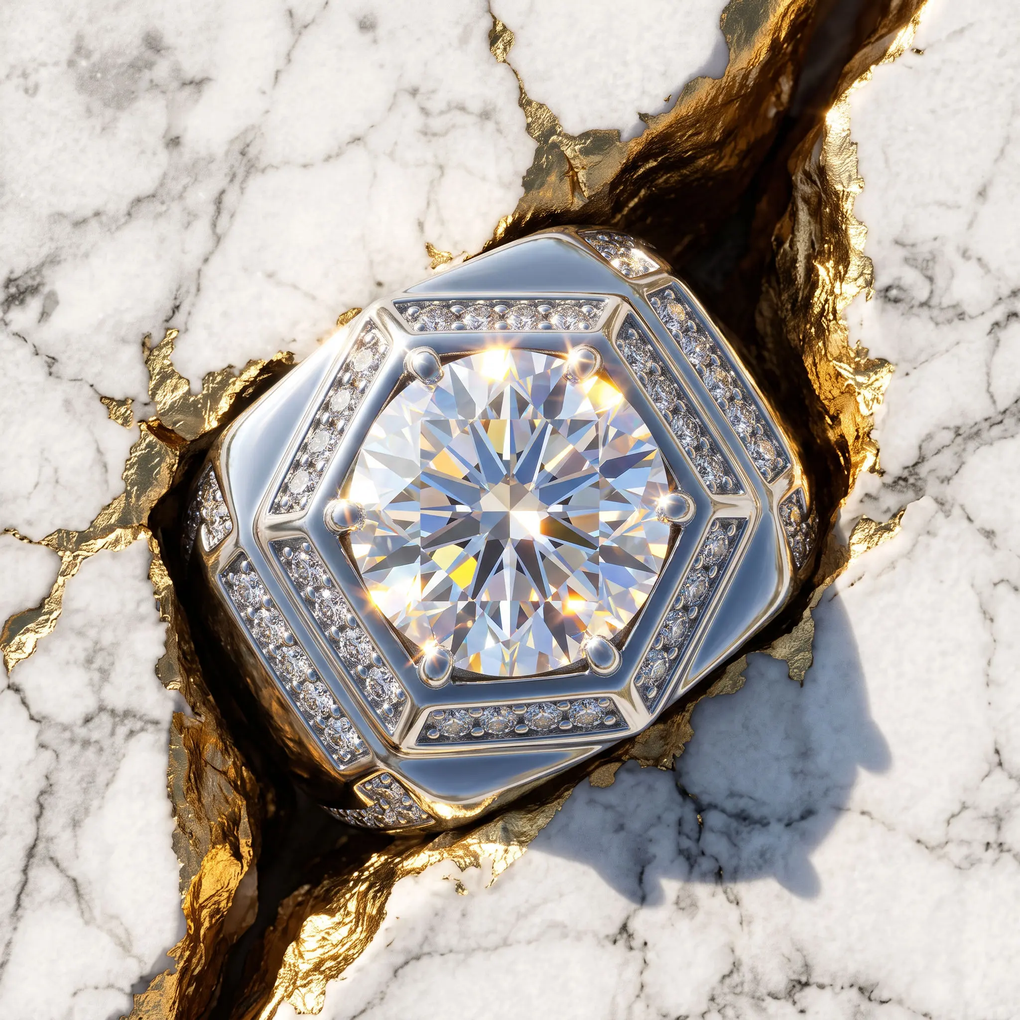 ZIIYONG Stunning 14K White Gold Plated 925 Silver Round Cut Geometric Hexagon Halo Statement Ring – Bold 5A Cubic Zirconia Jewelry, Hypoallergenic, Great Gift for Valentine's & Anniversaries