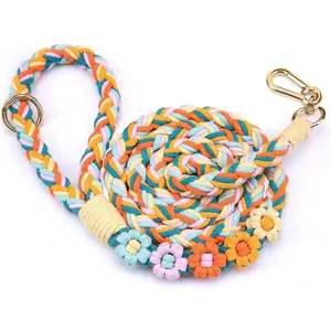 Handmade 5ft Braided Cotton Dog Leash with Unique Floral Handle, Durable and Stylish, Ideal for Small to Large Dogs,Rainbow Mix