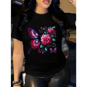 Women's Casual Butterfly and Floral Print Round Neck T-Shirt - All-Season Machine Washable Top, Butterfly Shirt, Daily Comfort, Fashionable Clothing, Comfortable Fit