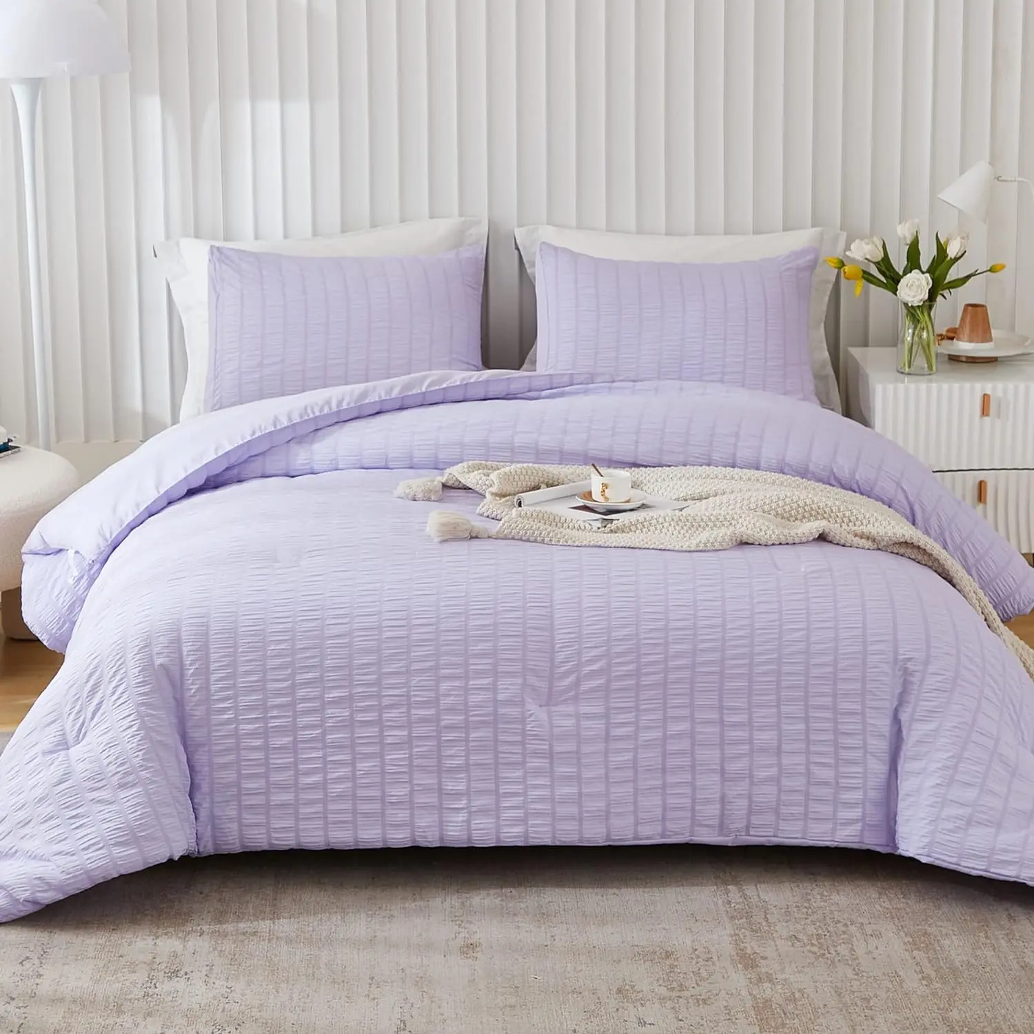 Lavender Purple Seersucker Twin/Twin XL Comforter Set - 68x90in, 2-Piece Breathable 100% Washed Microfiber Lightweight Down Alternative with 1 Pillowcase