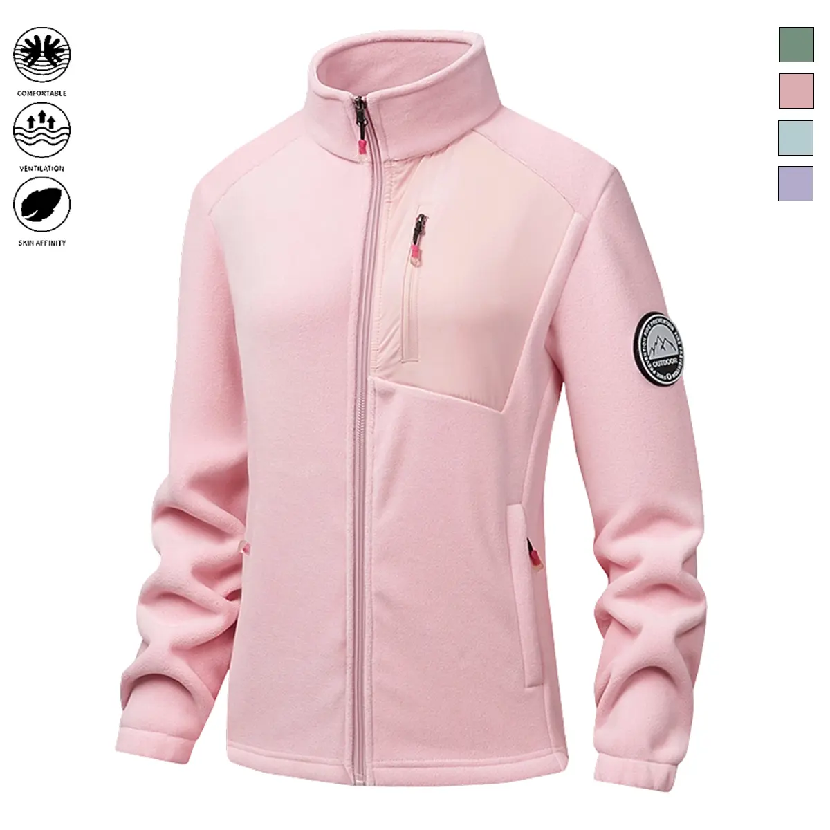 Women’s fleece jacket with zipper closure, pockets, long sleeves, casual style—suitable for everyday wear and outdoor activities; warm and comfortable women’s top/outerwear.