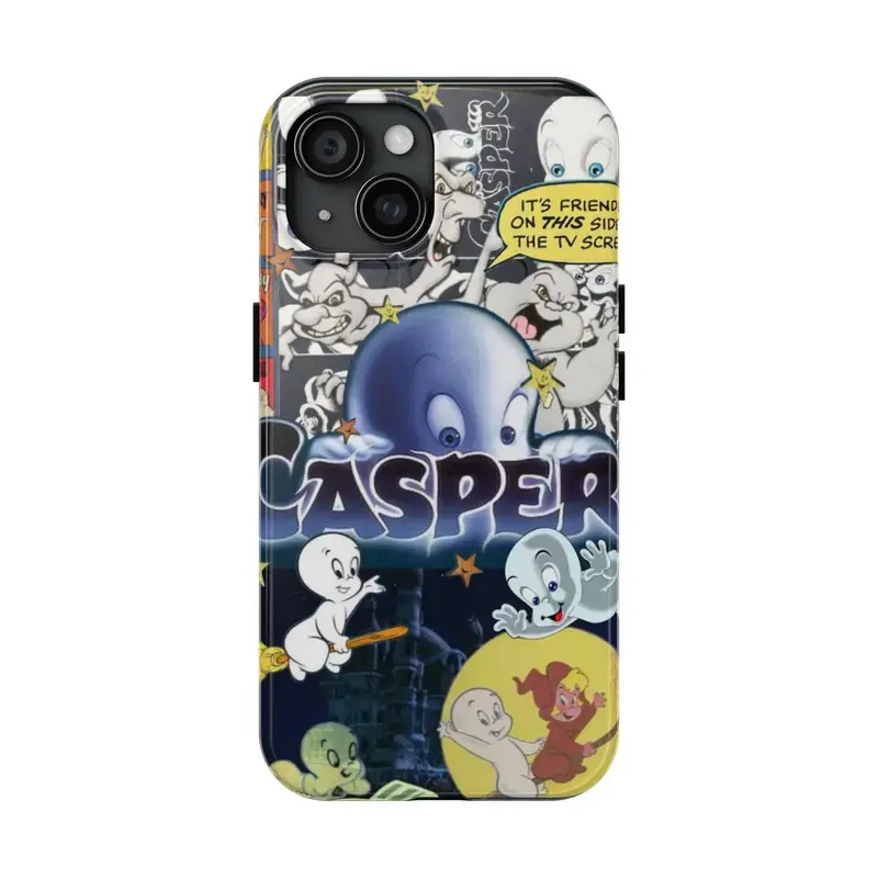 Vintage Casper the Ghost Phone Case for IP 17 16 15 14 13 12 11 Pro Max XR Xs 6 7 8 Plus SE, 90s Retro Cartoon Collage Case, Shockproof Heavy Duty Protective Cover, Halloween The Friendly Ghost