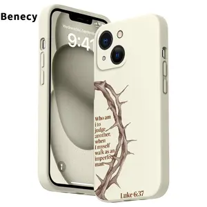 Straight Edge Phone Case for iPhone 15 16 14 Pro Max 13 12 11 XR XS Plus E Thorn  Crown Reflection Pattern Anti-Scratch Shockproof Soft Liquid Silicone Protective Cover Smartphone Casing