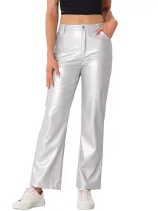 INSPIRE CHIC Faux Leather Pants High Waist Straight Leg PU Trousers Punk Y2K Silver
