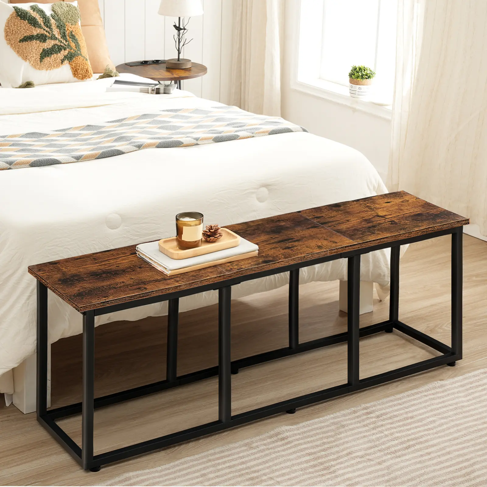 HOOBRO Rustic Dining Bench, 47.2 Inch Dining Table Bench, Industrial Style Kitchen Bench, Steel Frame, Easy to Assemble, for Kitchen, Dining Room, Rustic Brown and Black #SummerVibes