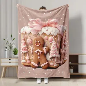 Sanwfall Christmas Throw Blanket Gingerbread Man Box Cartoon Pink Soft Flannel Indoor Decorations Comfort Blankets for Healing Living Room Bedroom Fluffy Pink Christmas Decor Christmas Bedding Festive Cheer