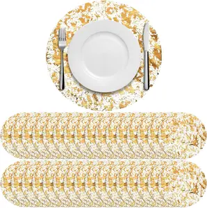 50PCS Disposable Gold Placemats Set Round Gold Foil Mesh Pressed Table Doilies Metallic Thin Mesh Table Runner for Home Decoration Dining Wedding Birthday Party