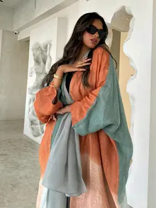 1-Piece Orange & Teal Gradient Color-Block Linen-Blend Open Abaya, Casual Modest Muslim Kimono Outerwear
