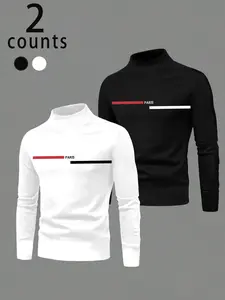 Men's Turtleneck Long Sleeve Shirts Set, Slim Fit Casual Pullovers with Paris Graphic, Casual Letters Print, Soft Stretch Fabric, Spring Autumn Wear