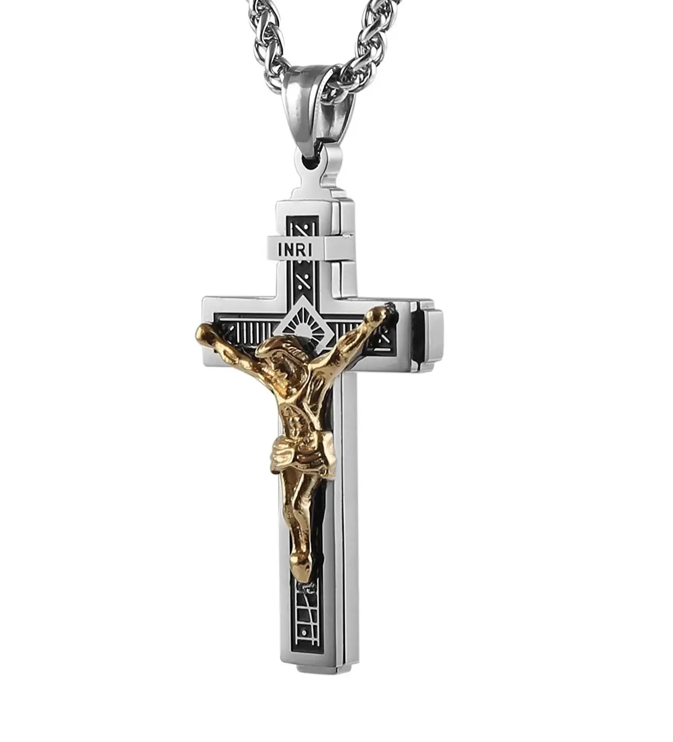 Catholic Jesus Christ on INRI Cross Crucifix Gold Silver Tone stainless steel Pendant Necklace 22+2 Chain