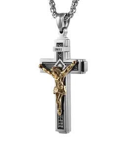 Catholic Jesus Christ on INRI Cross Crucifix Gold Silver Tone stainless steel Pendant Necklace 22+2 Chain