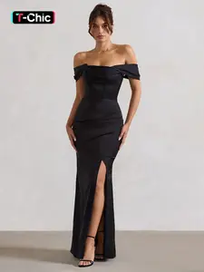 Elegant Satin Dress with Shoulder Drop, Waist Cinching, Pleated Design, Split Hem, Slit, Sexy Fitted Style, Plain Pattern, Formal Wear, Women's Fashion