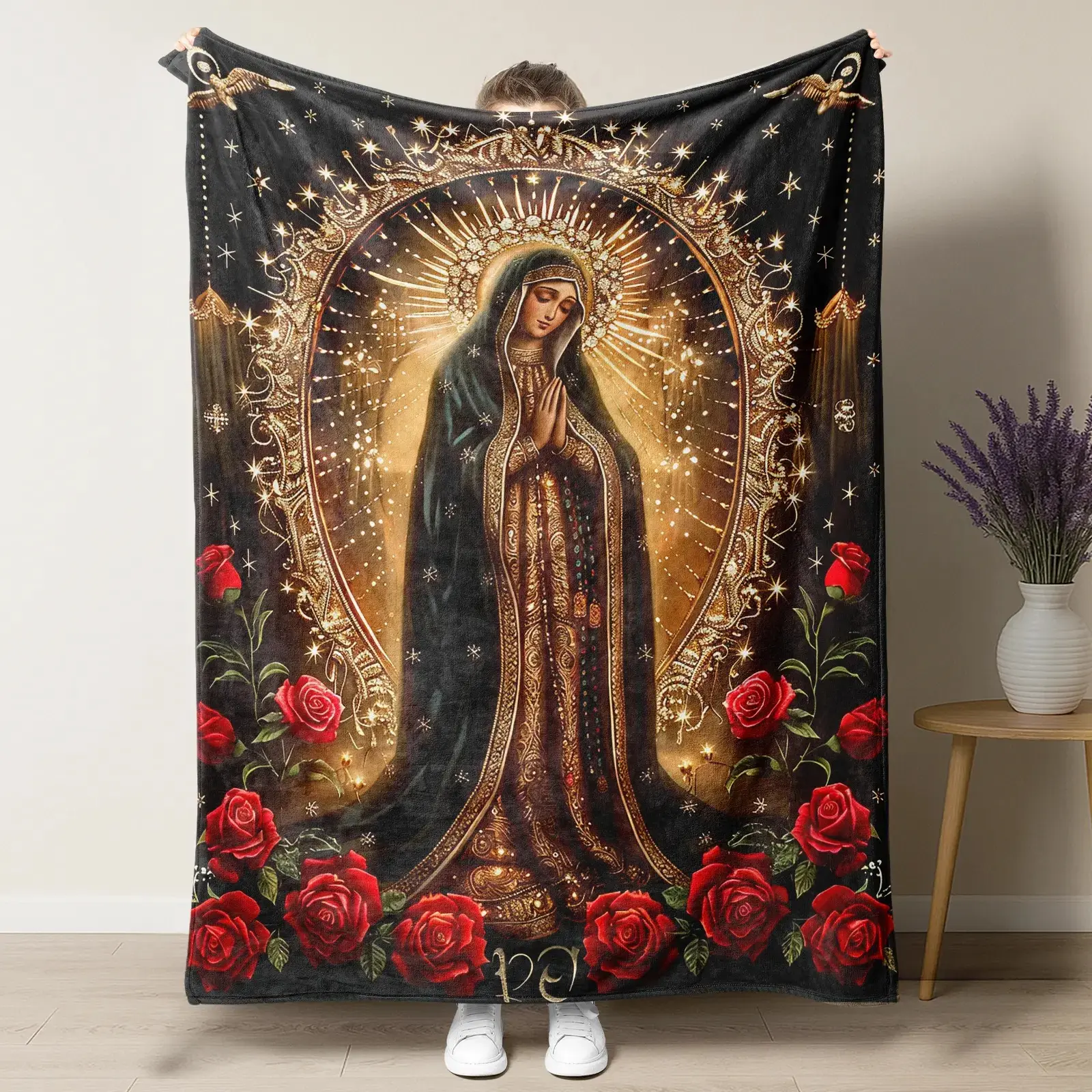 Virgin of Guadalupe Blanket - Our Lady of Guadalupe Throw Blanket - Religious Catholic Gifts for Women & Mom - Ultra Soft Plush Fleece - Blessed Mother Mary with Red Roses Home Decor