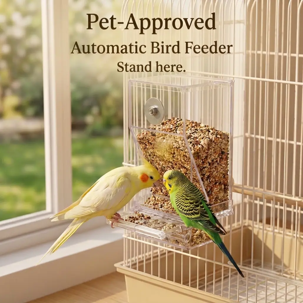Upgraded Automatic Bird Feeder for Parrots Cockatoos Canaries - Transparent Acrylic Bird Cage Food Dispenser, Durable Easy to Use Bird Feeding Station