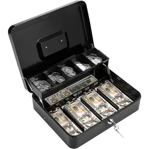 Cash Box with Lock Key and Money Tray - Large Money Box for Cash Register, Metal Lock Box for Money Safe 11.8" x 9.4" x 3.54" Black