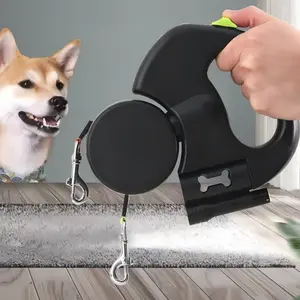 【】2025 Upgraded Dual Head Dog Leash 360° Tangle-Free Retractable Lead with Reflective Strap Anti-Rust Hook & Waste Bag Dispenser for Small Medium Large Dogs Hands-Free Safe Walking Black
