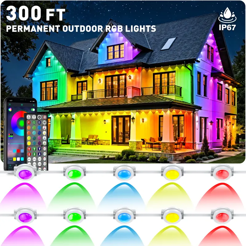 Permanent Outdoor Lights Waterproof with Smart App Control Remote,DIY Scene Modes,Music Sync hronization,Eaves Lights for Garden Decor,Deck,Christmas