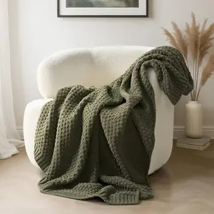 Chunky Chenille Knit Throw Blanket for Couch, Soft Luxurious Moss Stitch Chair Blankets for Bed, Cozy Decorative Farmhouse Knitted Throws for Sofa, Olive Green, 50" x 60"