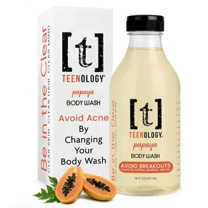 TEENOLOGY Acne Safe Papaya Body Wash for Teens - Avoid Acne & Pore-Clogging Oils - Noncomedogenic with Aloe Vera & Vitamin B5 - Dermatologist Recommended - 16 oz.