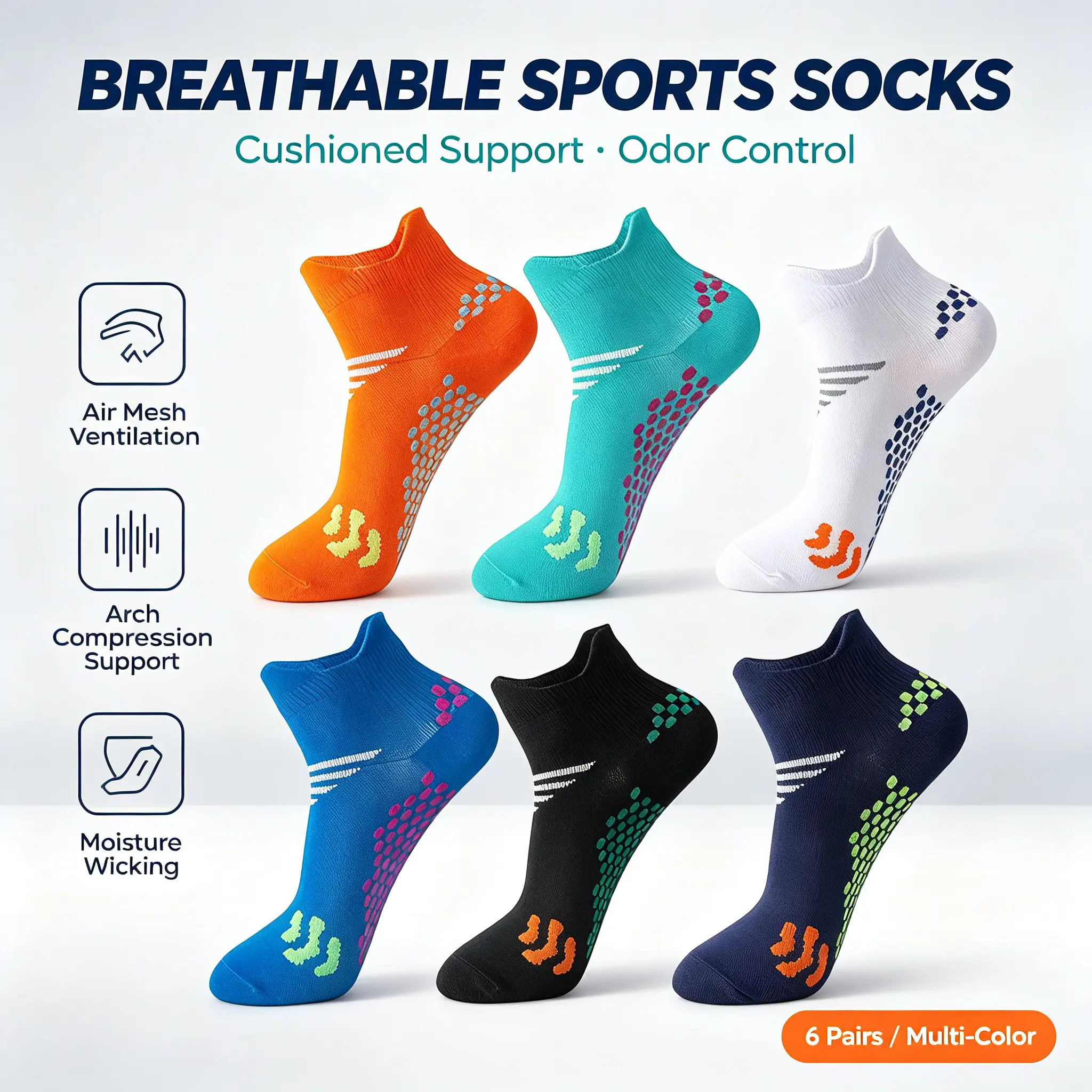 6 Pairs Compression Athletic Ankle brace bSocks for Men Women, Non-Slip Cushioned Sports Socks, Moisture Wicking Breathable Running Socks, Colorful No Show Low Cut Socks for Basketball Tennis Hiking Gym Workout