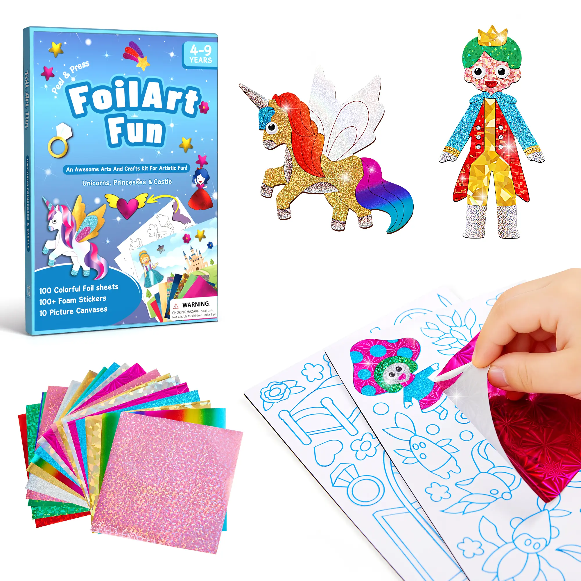 Leven Foil Art Kit for Kids, Ages 4-9 – 100 Colorful Foil Sheets, 100+ Foam Stickers, 10 Canvases – Easy DIY Arts & Crafts Set for Unicorns, Princesses & Castles – No Mess, Instant Fun – Perfect Gift for Birthdays & Holidays
