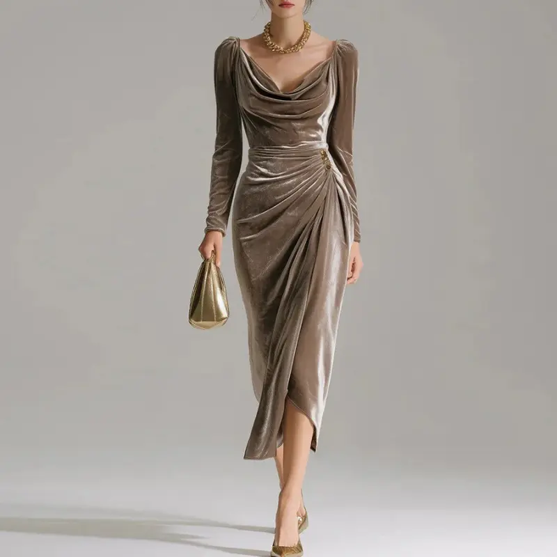 Women’s Pullover Polyester Long Sleeve Velvet Midilength Dress - Ruched Cowl Neck, Gatherwaist, Side Slit - Formal Party Evening Dress, Red (Asian Sizing)