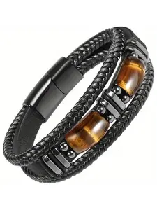 Men's Handcrafted Tiger Eye Black PU Leather Link Bracelet - Unique Accessory For Fashion-Conscious Guys With Masculine Style Leather Braided Bracelet