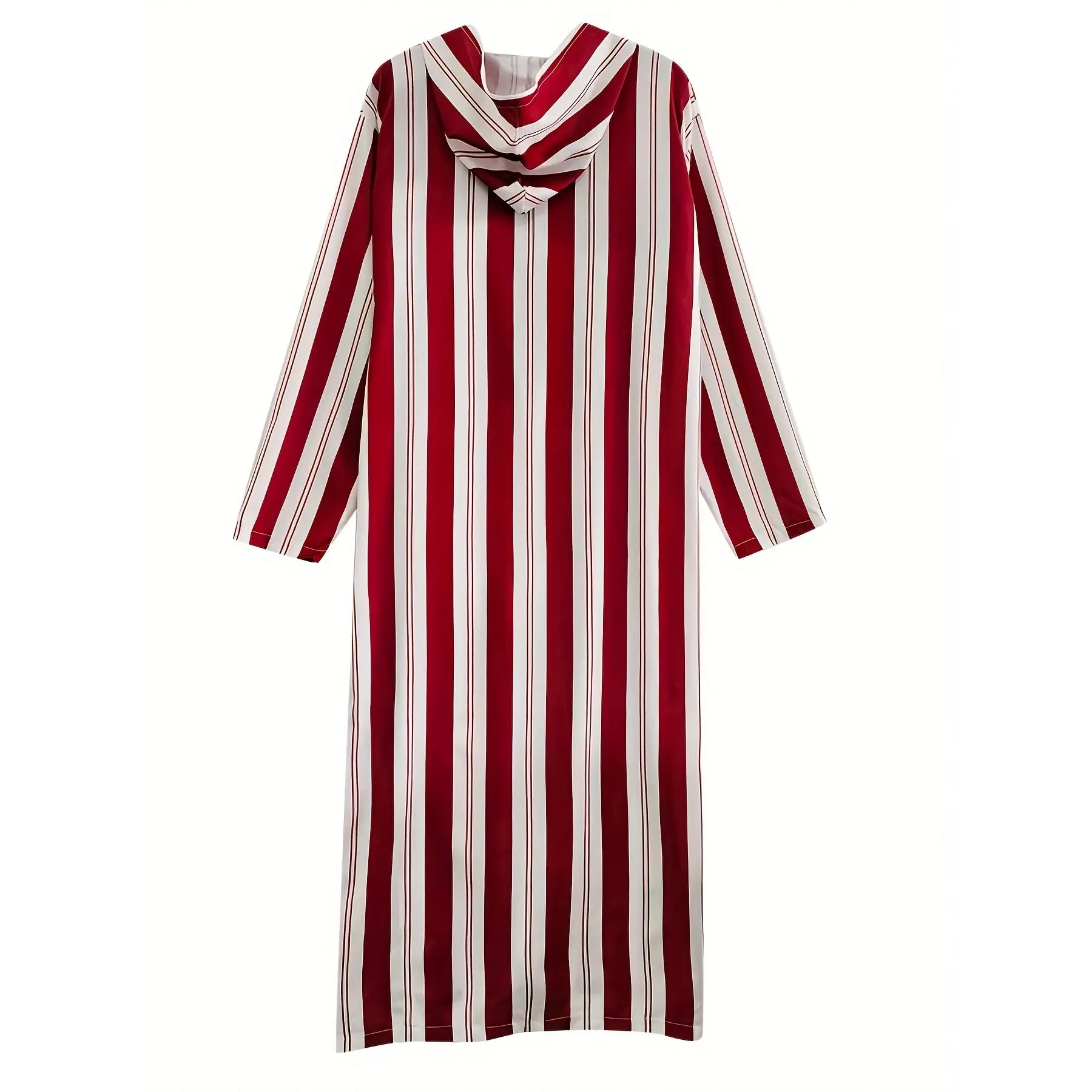Men's Long Striped Hooded Robe - Red & Beige Vertical Stripes, Loose Fit, Traditional Muslim Style, Machine Washable, Comfortable Sleepwear for Cultural Events & Casual Gatherings