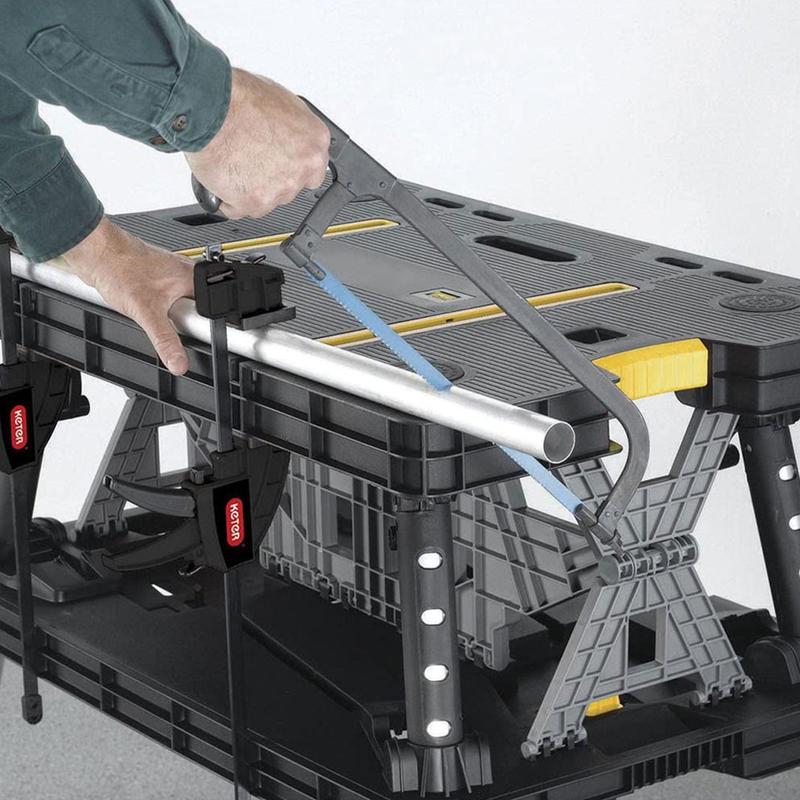 Keter Heavy Duty Portable Folding Table Tool Storage Stand Workbench Sawhorse with 12" Clamps for DIY Projects Home Improvement Weather Resistant Polypropylene Aluminum