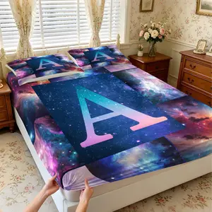 3Pcs Custom Galaxy Initial Fitted Sheet Set, Dreamy Nebula Starry Sky Print. Full Elastic Edge Non-Slip Mattress Protector. Space Theme Stylish Bedroom Bedding Set.
