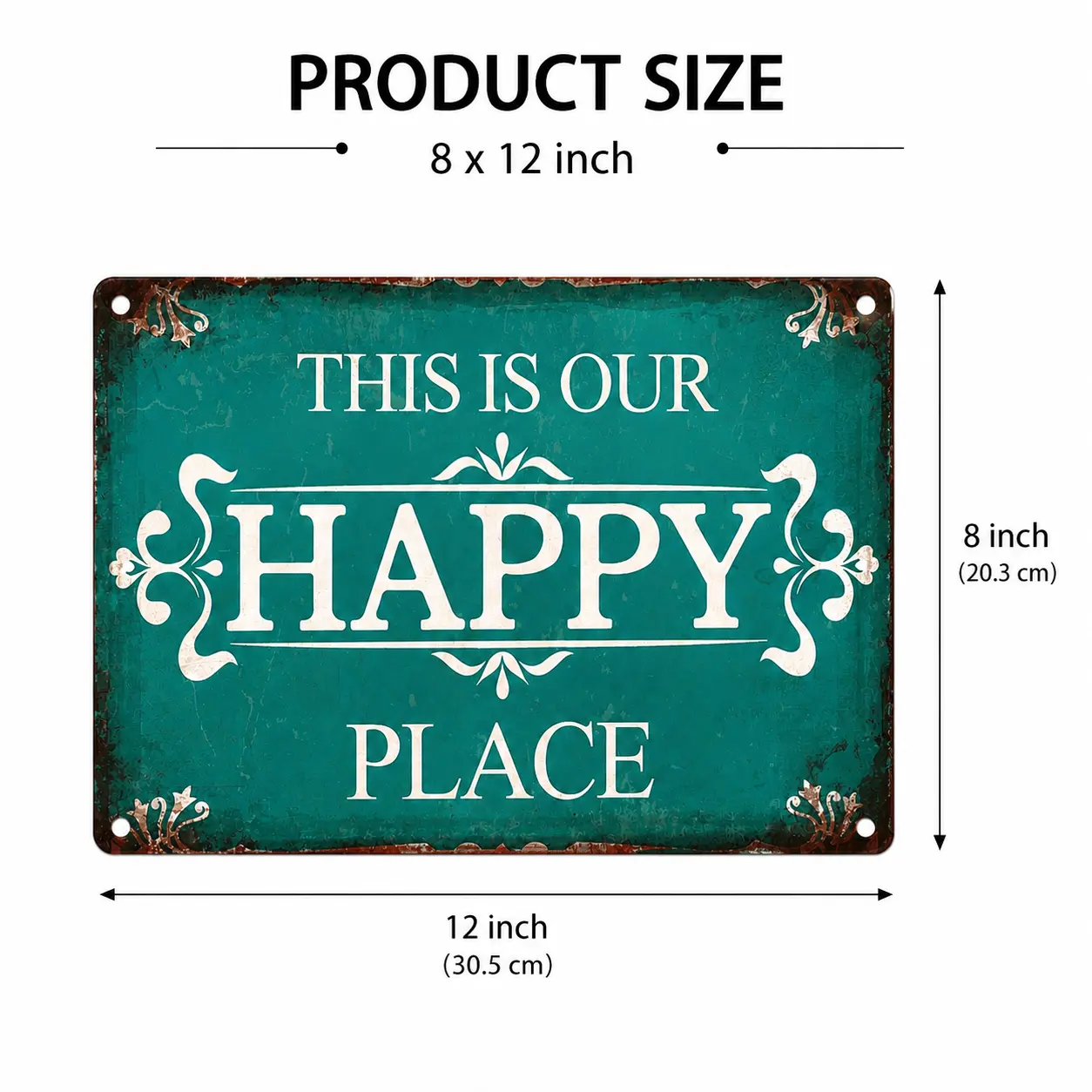 8x12 Inch This Is Our Happy Place Aluminum Metal Sign, Vintage Turquoise Wall Decor, Rustic Farmhouse Hanging Plaque for Living Room, Entryway, Porch, Patio, Kitchen & Home Decoration