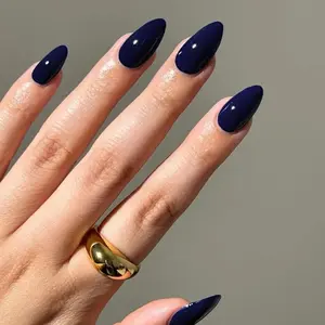 Deep Sea Blue Temperament Short Almond Fake Nail, 1 Box Removable Nail Art Artificial Full Cover, Women Girls DIY Manicure