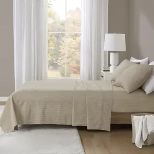 Beautyrest 4-Piece Oversized Brushed Cotton Flannel Bed Sheets Set - Beige & White Stripes, Full Size, Pre-Shrunk (81x96x0.13in), Incredible Softness, Premium Mattress Bedding