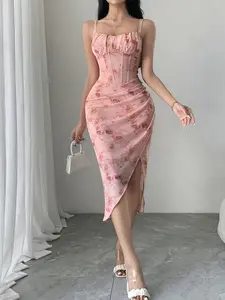 2026 Women's Summer Elegant Feminine Pink Floral Print Midi Dress with Ruffled Hem and Spaghetti Straps—Graduation Dress, Casual Day-to-Day Dress, Party and Banquet Dress, Bridesmaid Dress