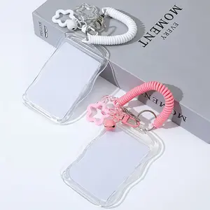2Pcs Photocard Keychain, Photocard Holder, Cute Plastic Id Badge Holder, Star Wave Photocards with Spring Rope, Teacher Key Card Work Badge Clip for Bus Student Card Protector, Removable Cardholder