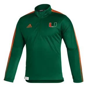 adidas Mens Miami Hurricanes Sideline Primeblue Quarter Zip Jacket Training Athletic Outerwear Casual Moisture Wicking - Green adidas Mens Miami Hurricanes Sideline Primeblue Quarter Zip Jacket Training Athletic Outerwear Casual Moisture Wicking - Green