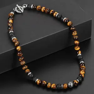 Men's 8mm Natural Tiger Eye Lava Bead Necklace Stainless Steel Toggle 18/20/24" fathersdaygifts Black Onyx