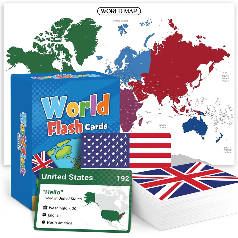 Educational World Flag Flashcards - 245 Glossy Cards with Country Flags, World Map, Capitals, Continents, Languages, Geography Tool for Classrooms, Kids' Holiday Gifts (Blend of Learning & Fun, Boosts Curiosity, Memory Enhancement, Hand-Eye Coordination)