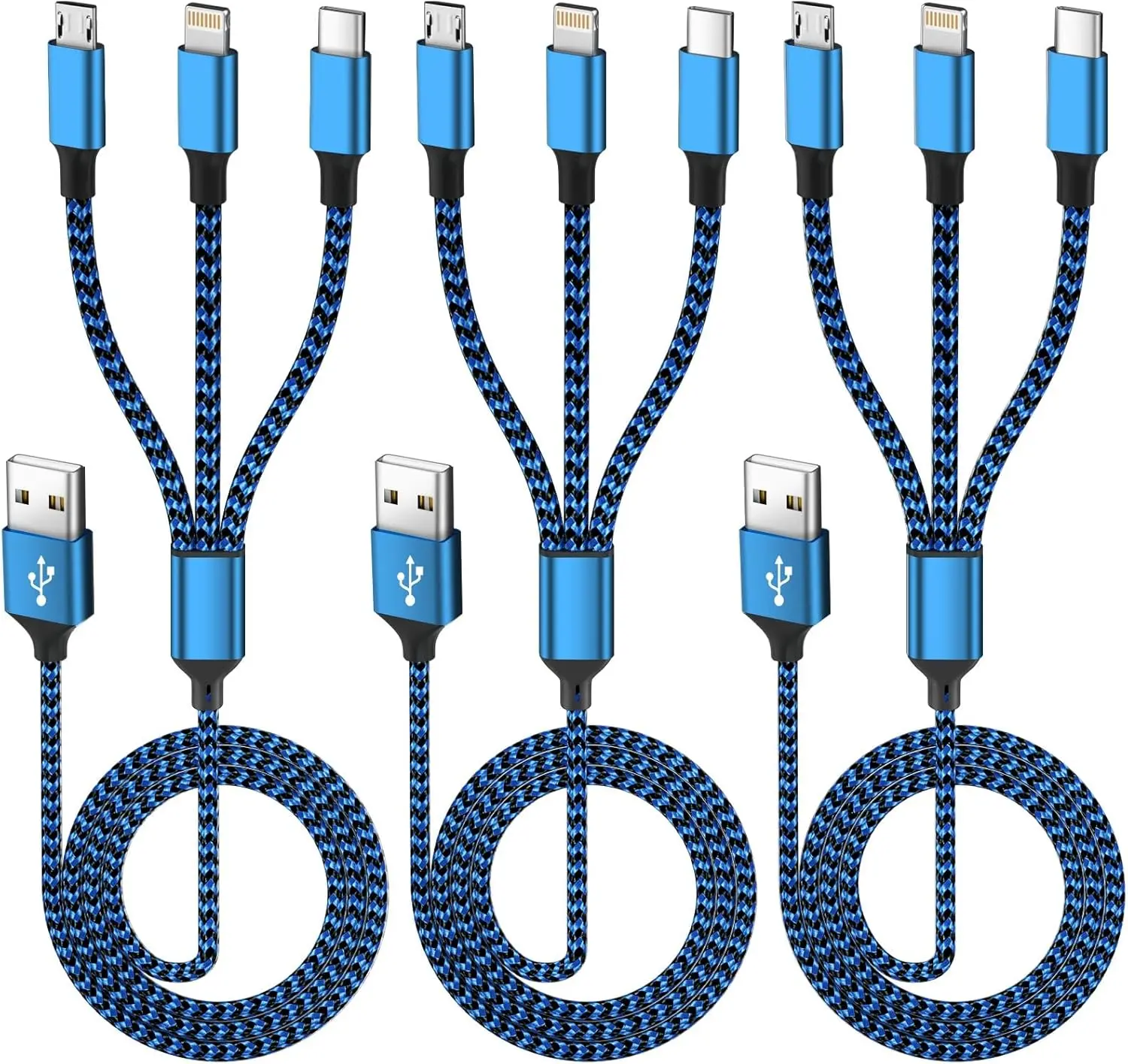 3Pack Multi Charging Cables 4FT, 3 in 1 Charging Cable for Multiple Devices, USB-A Multi Charger Cord with Type-C, Micro USB and IP Port for iPhone 16/15/14/13/iPad/Android/Tablets and More